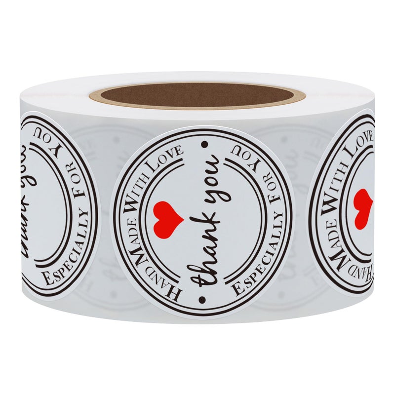 Hybsk White Gloss Thank You Hand Made with Love with Red Heart Stickers 1.5" Inch Round Total 500 Adhesive Labels Per Roll (White Gloss) - Image 3